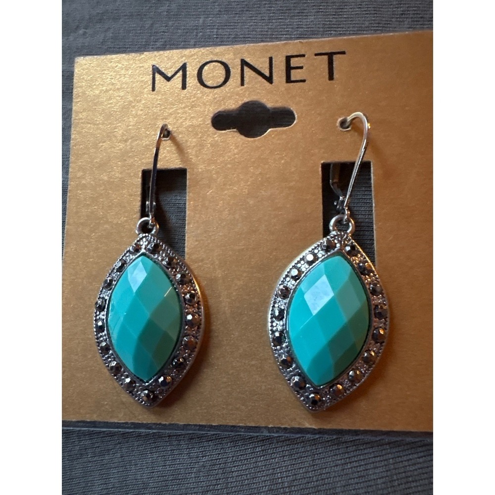 Monet Marquise Teal Gemstone Drop Earrings Silver Tone Dangle Fashion Jewelry